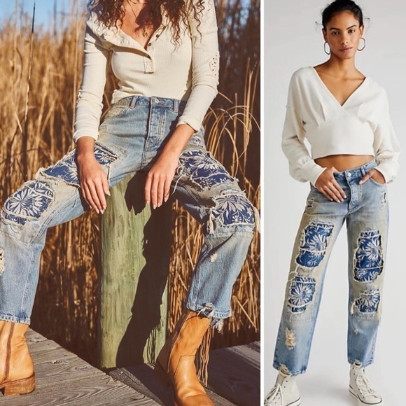 Free People Desert Rose Jeans High Rise Straight Leg Embroidered Floral Patch 26 - Picture 1 of 13